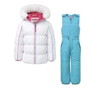 Snozu Kids 2 Piece Snowsuit Set White Puffer Jacket & Teal Snow Pants Size 5